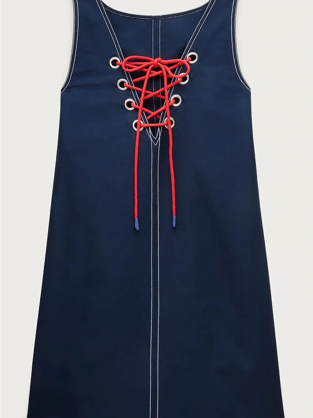 J. Crew Navy Sleeveless Shift Dress with Red Lace-Up Back